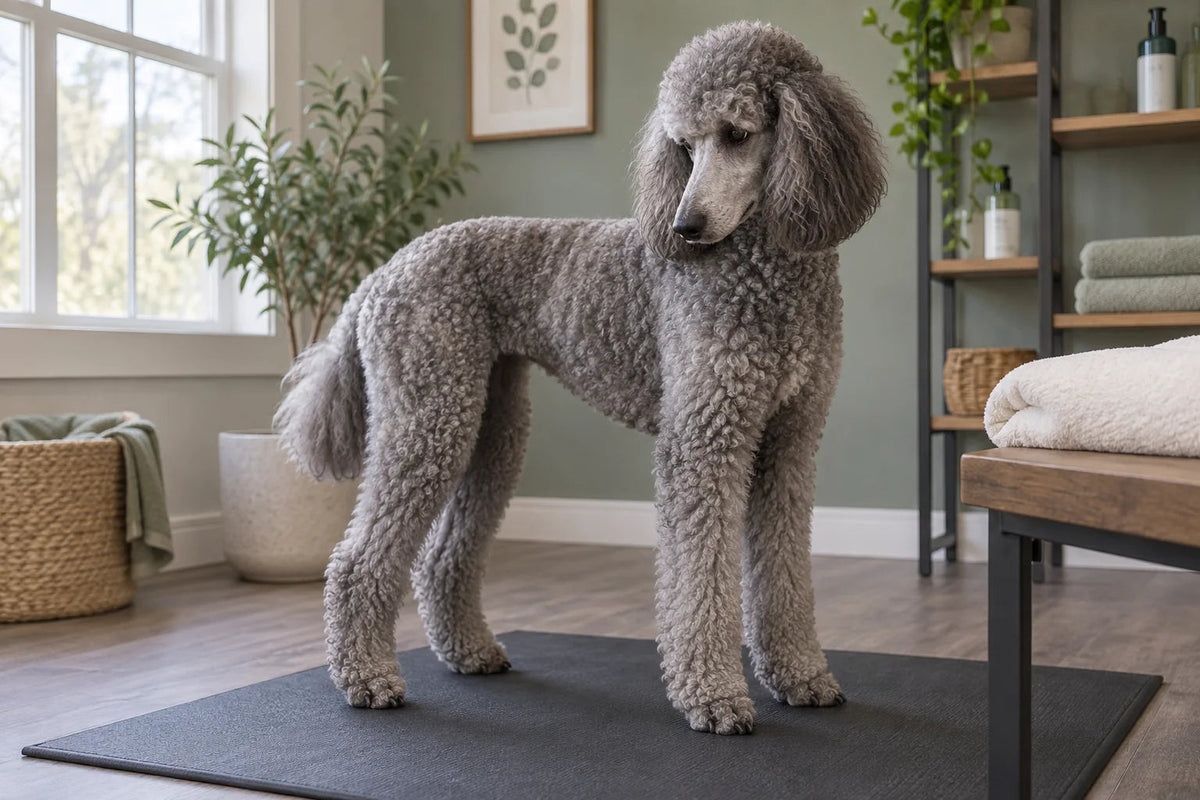 A silver Standard Poodle in a practical curly pet trim standing on a non-slip mat