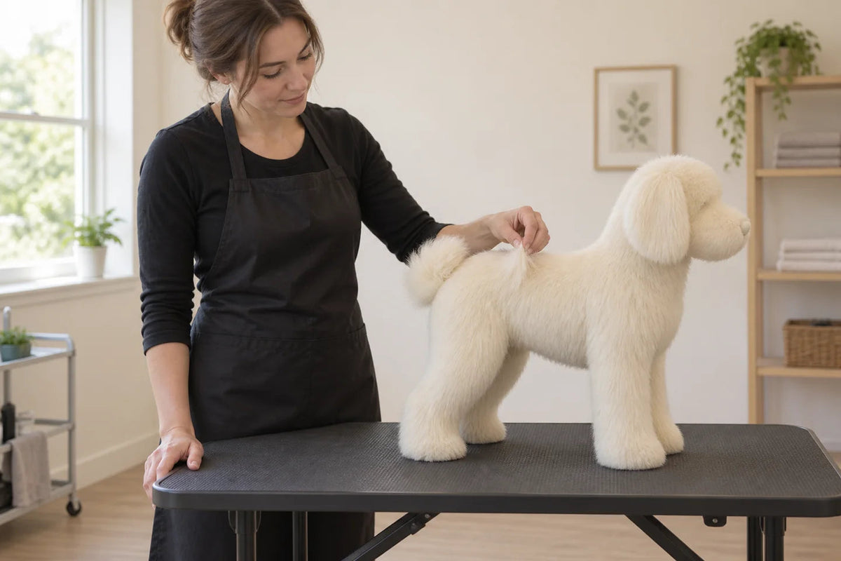 Adult arranging synthetic fur on a dog-shaped grooming practice mannequin