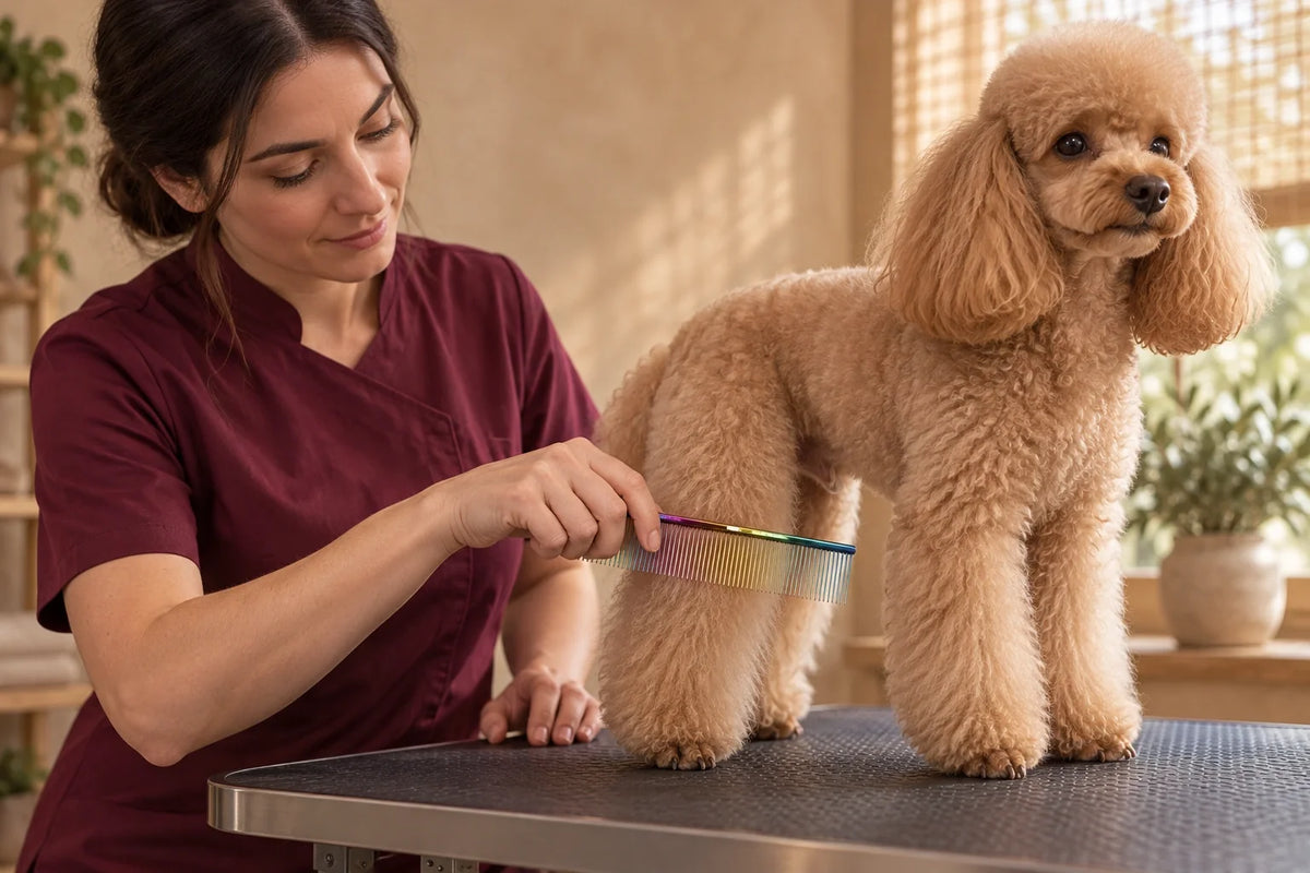 Groomer holding the VUNRO 8-inch LUX Coarse and Fine Straight Comb beside a miniature Poodle