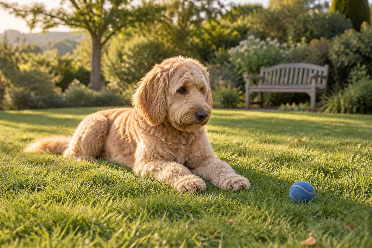 A golden wavy-coated Goldendoodle resting on grass beside a blue ball