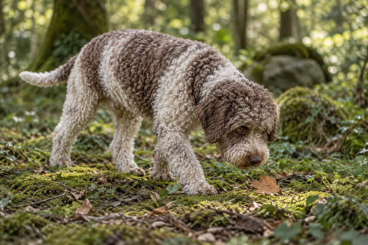 A brown-roan and white Lagotto Romagnolo sniffing a leaf in a mossy woodland clearing