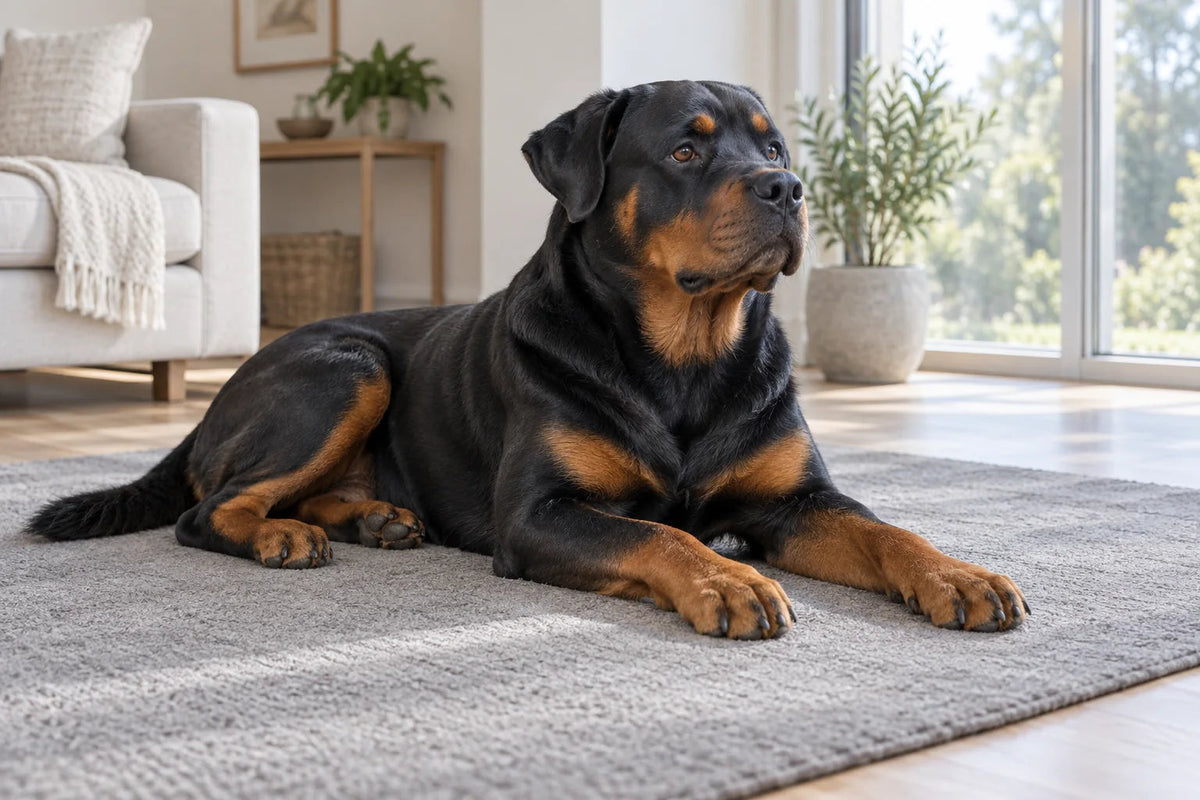 A black and rust Rottweiler resting on a grey mat beside a bright window