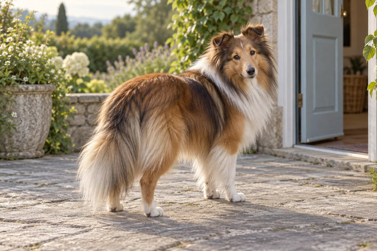 A sable and white Shetland Sheepdog standing beside a pale blue garden door