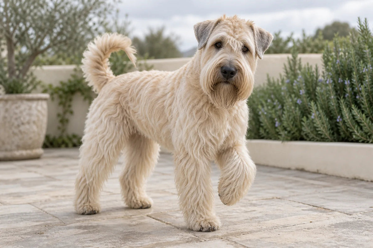 A pale wheaten Soft Coated Wheaten Terrier lifting a front paw on a quiet garden terrace