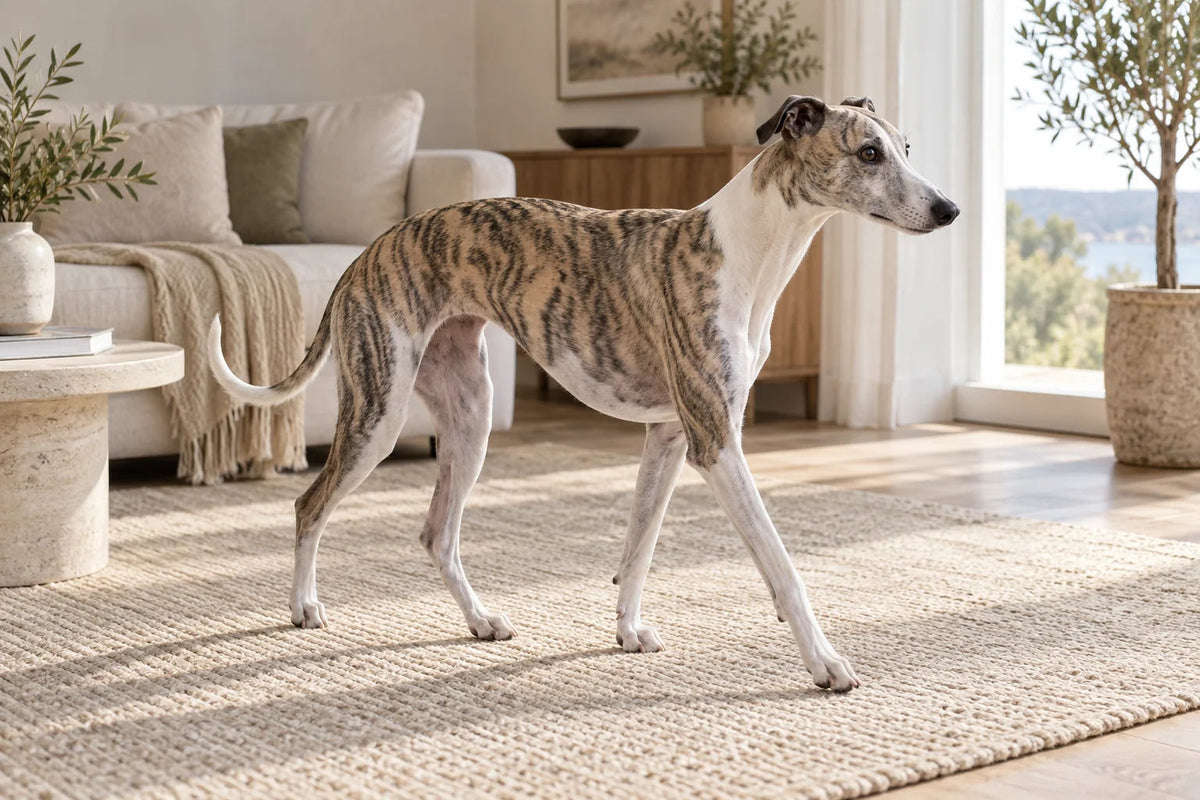 A brindle and white Whippet standing on a pale woven rug in soft window light