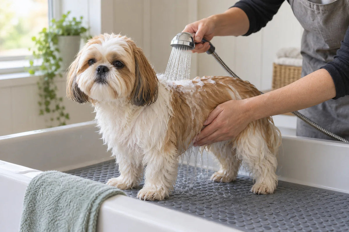 Shih Tzu being gently rinsed on a nonslip bath mat