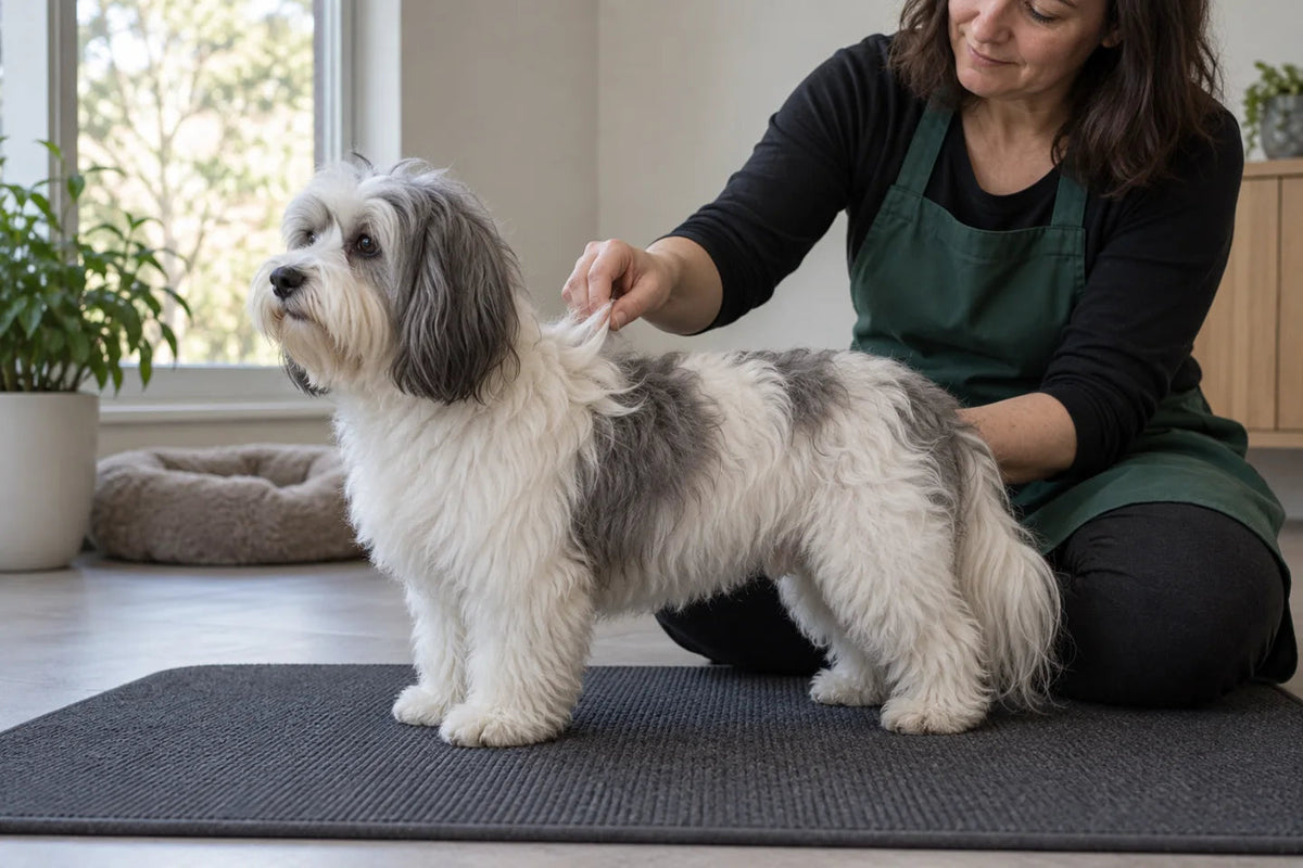 Adult checking a white and grey Havanese-type dog’s prepared shoulder coat