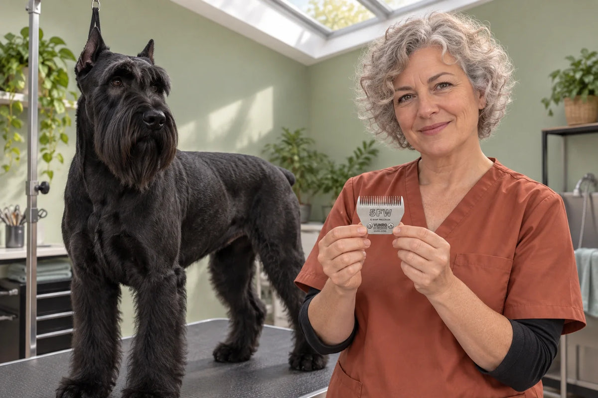 Professional groomer holding a VUNRO 5FW wide steel blade beside a Giant Schnauzer