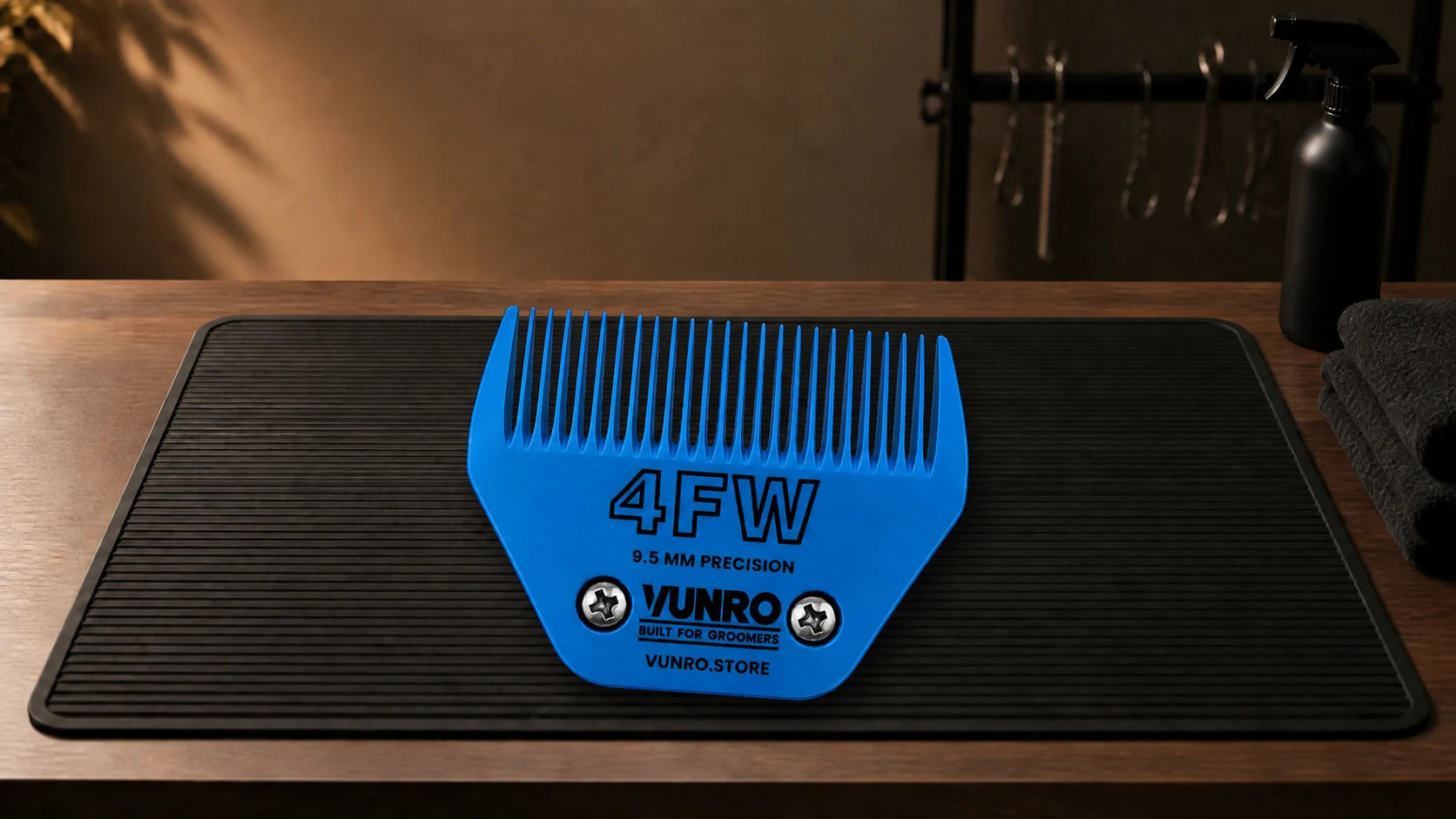 #4FW Wide Blue Steel Dog Clipper Blade (9.5 mm) resting naturally on the VUNRO grooming workbench