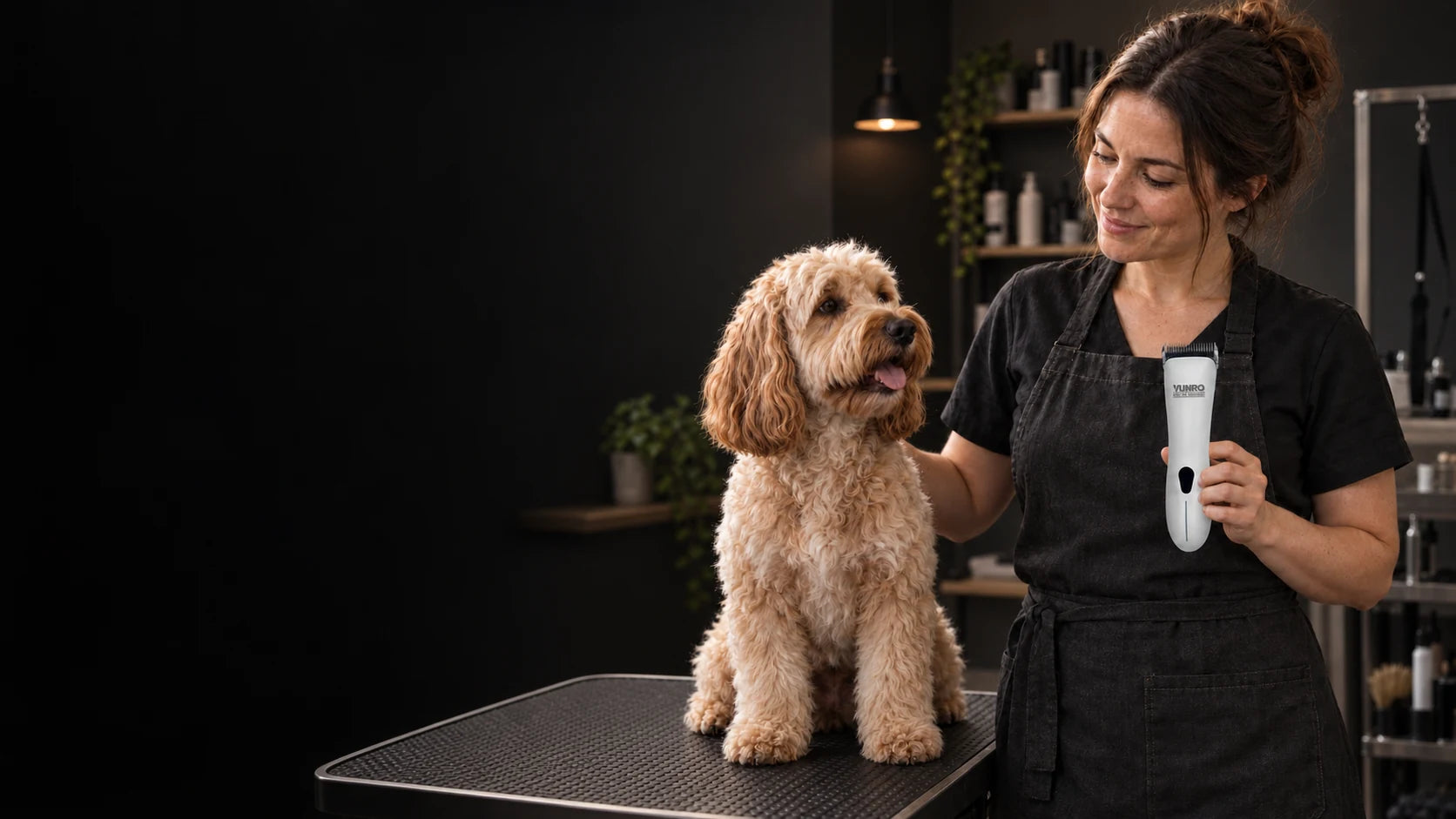 Groomer holding the VUNRO D-Series clipper beside a dog on the grooming table