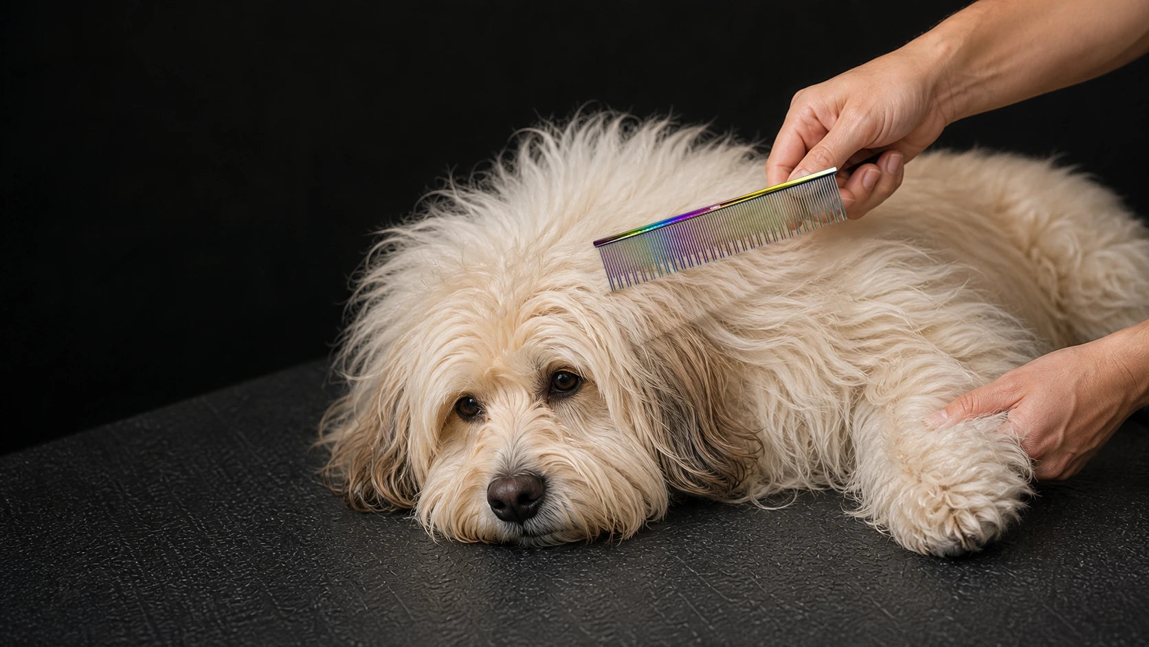 A calm dog being groomed with a genuine VUNRO rainbow double-skip comb